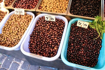 Stall with olives at street market in Athens, Greece, October 9 2020.