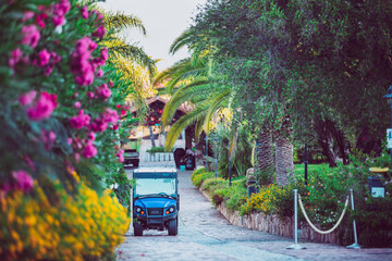 Golf car parked inside a driveway with flowers and plants. Summer vacation resort.
