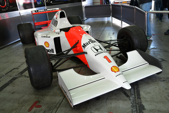 Imola, 27 April 2019: Historic 1992 F1 McLaren MP4-7 ex Ayrton Senna - Gerhard Berger in the box during Minardi Historic Day 2019 at Imola Circuit in Italy.
