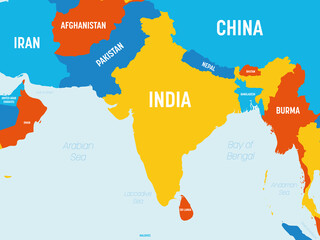Obraz premium South Asia map - 4 bright color scheme. High detailed political map of southern asian region and Indian subcontinent with country, ocean and sea names labeling
