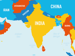 South Asia map - 4 bright color scheme. High detailed political map of southern asian region and Indian subcontinent with country, ocean and sea names labeling