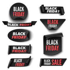 Set of black friday sale banners on white background. Ribbons and stickers. Vector illustration.