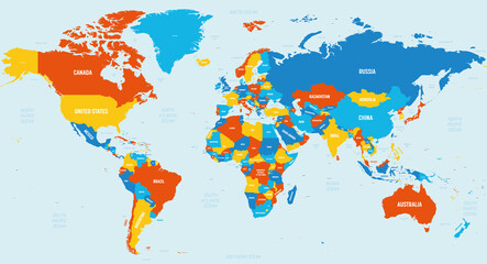 Plakat World map - 4 bright color scheme. High detailed political map of World with country, ocean and sea names labeling