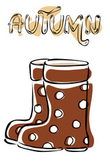 Cozy autumn greeting card with rubber boots. Orange gamma.