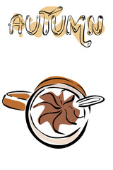 illustration of a cup of coffee and chocolate, Cozy autumn greeting card. Orange gamma.