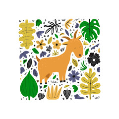 Web banner with cute hand drawn goat, flowers and leaves. Childish texture for fabric, textile, apparel. Flat vector illustration