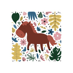 Vector banner with cute hand drawn horse, flowers and leaves. Childish texture for fabric, textile, apparel.