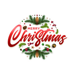 Christmas wreath design with festive Christmas decoration ornaments and objects.
