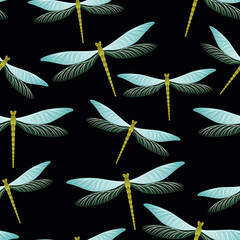Dragonfly childish seamless pattern. Spring dress textile print with flying adder insects. Close up 