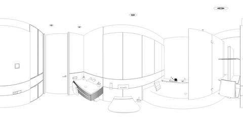 spherical panorama of the interior, contour visualization, 3D illustration, sketch, outline