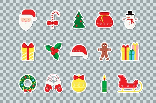 Vector stickers set for celebration of New year, Christmas, season holiday. Santa Claus, Xmas tree, mittens, candy cane, gift, snowman, Christmas star plant, ball, gingerbread, sleigh, white outline. 