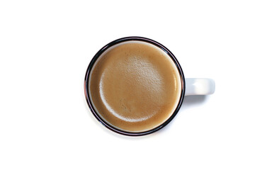 Cup of black coffee with brown crema on white background isolated