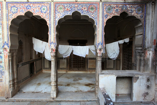 Laundry Drying Inside A Rich Decorated Haveli In Mandawa, Rajasthan, India
