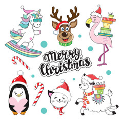 Christmas collection with funny animals on a white background isolated. Flamingo, Penguin, Christmas Deer, Llama and Unicorn