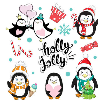 Funny christmas penguins collection on white background isolated