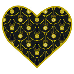 Vector heart with gold garlands and christmas balls pattern inside. Isolated decorative heart with Christmas pattern. - 385486387