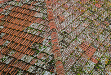 background of an old red clay tile roof with moss and lichen on old italian house