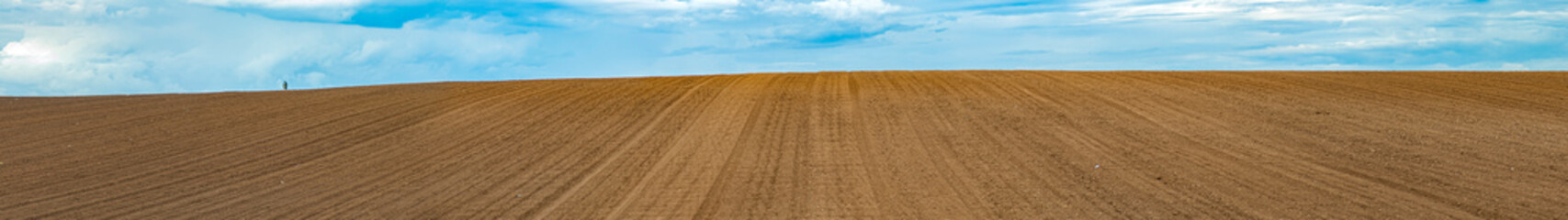 Landscape with agricultural land, in slope, recently plowed and prepared for the crop