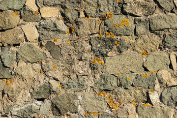 The surface of an old stone wall, masonry of uneven wild hewn stones.