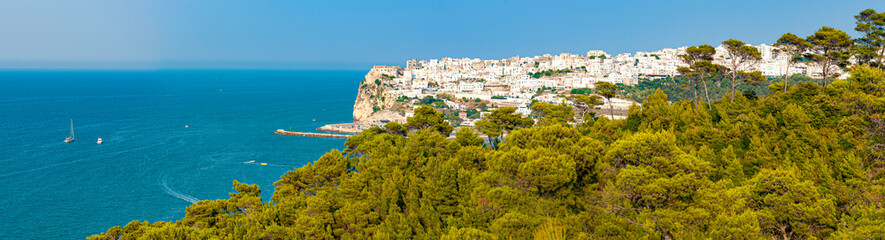 Panoramic sight of the famous Peschici in the Gargano national park. Apulia (Puglia), Italy.