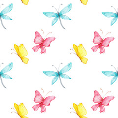 Fototapeta na wymiar Seamless pattern yellow and pink butterflies and blue dragonfly; watercolor hand draw illustration; with white isolated background