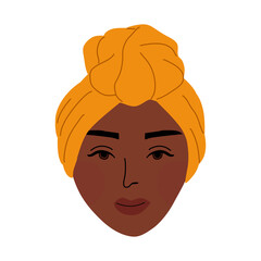 Head face Black woman wear headwrap turban hijab. Hand drawn vector illustration.