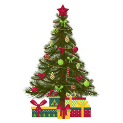 Christmas tree decorated with Christmas tree toys, balls, beads and a star. Gift boxes under the tree. For greeting cards, flyers. Isolated on a white background. Vector illustration in flat style