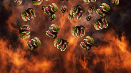 Hamburgers falling with smoke and burning fire in background. Fast food menu promo