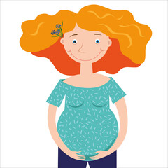 Pregnant woman in full face holding her tummy on a white background
