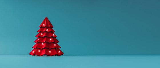 Red paper Christmas tree decorated with lights on blue background 3D Rendering
