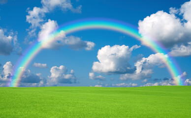 Obraz na płótnie Canvas 緑の草原と雲と虹