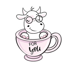 A cute white cow sits in a pink cup and an inscription for you. Symbol 2021. Vector cartoon illustration.