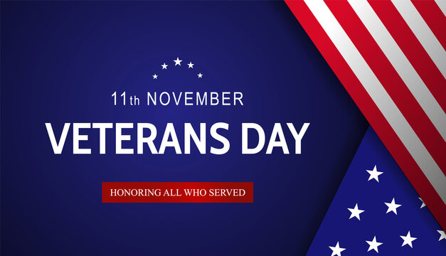 Veterans day. Honoring all who served. Banner or card design template with a blue background