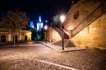 Historical staircase at Charles Bridge by night © pyty