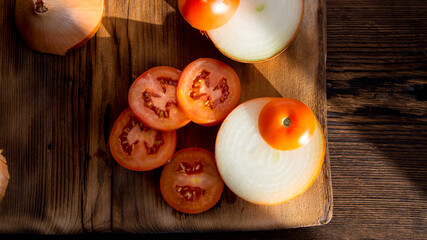 Red tomatoes,sliced tomatoes with onion slices on a dark old wooden table,close-up