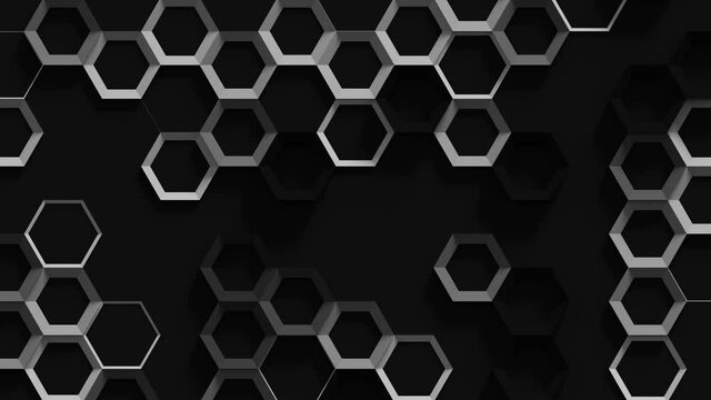 Futuristic Hexagons Surface Loop 1 Gray x Black: hollow hexagons shifting on a dark plane. Fast moving background with black and space gray hexagons. 3D animation. Seamless loop.