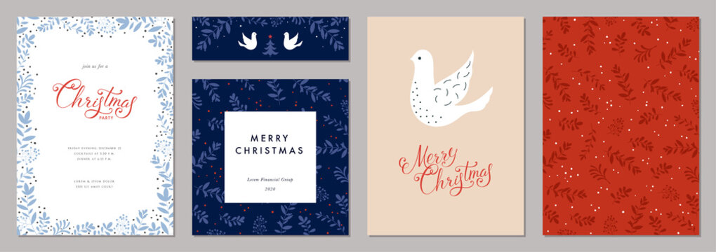 Merry Christmas and Happy Holidays cards with Dove, floral frames and backgrounds. Modern universal artistic templates. 