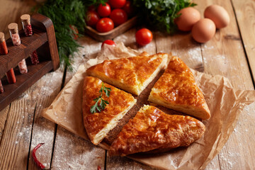 Assorted khachapuri: Adjarian, Megrelian, flaky. Georgian cuisine dish, top view, collage