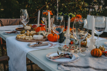 A beautifully served lunch table. Autumn picnic Beautiful decor of pumpkins, berries and flowers.