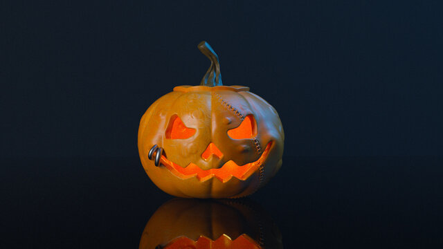 Halloween gothic pumpkin, 3d, black background, candle light