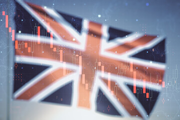 Double exposure of abstract virtual global crisis chart and world map hologram on British flag and blue sky background. Financial crisis and recession concept
