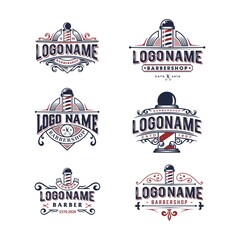 Obraz premium set of hipster barber logo design icon with pole, Red and blue navy Vintage retro classic Victorian style barbershop logo VECTOR collection