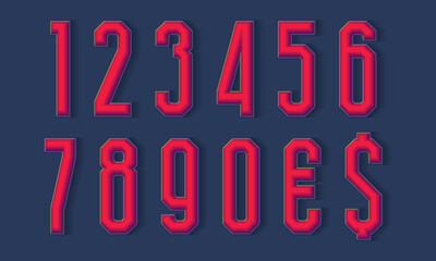 Perfect 3d numbers and currency signs with shadow. Volumetric display font.