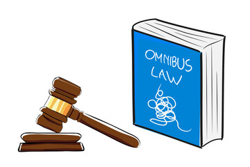 Illustration Vector for Complitcated Omnibus Law, Blue Hand Draw Sketch Bigbook and Gavel, at with background