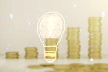 Abstract virtual idea concept with light bulb and human brain illustration on stacks of coins background. Neural networks and machine learning concept. Multiexposure