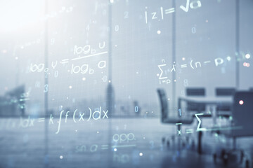 Scientific formula illustration on a modern coworking room background, science and research concept. Multiexposure