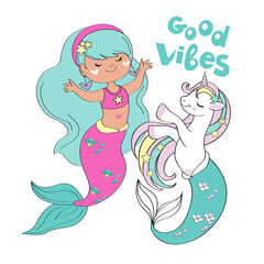 Beautiful illustration with a little mermaid and unicorn on a white background for children. Birthday card