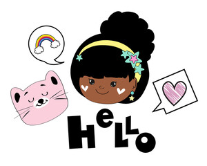 Vector stock illustration with the head of a little African American girl, pink cat and the inscription hello on a white background. Greeting card for girls