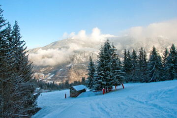 Fototapeta premium Courchevel La Tania Les Trois Vallees 3 Valleys ski area French Alps France