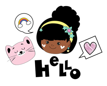 Vector stock illustration with the head of a little African American girl, pink cat and the inscription hello on a white background. Greeting card for girls - Powered by Adobe